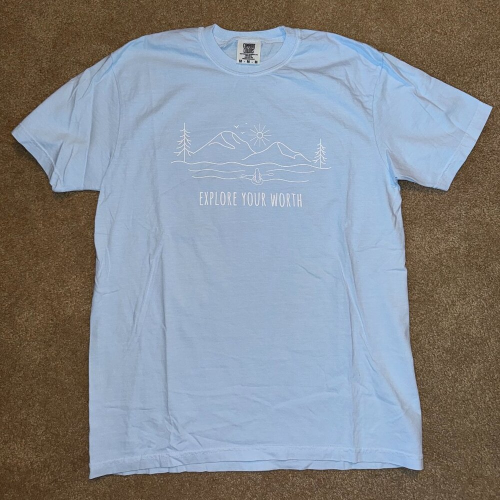 LIGHT BLUE SHORT SLEEVE COMFORT COLORS EXPLORE YOUR WORTH SHIRT MULTIPLE SIZES